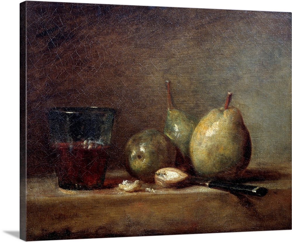 Pears, nuts and glass of wine. Still life . Painting by Jean-Baptiste Simeon Chardin (1699-1779), 18th century.Oil on canv...