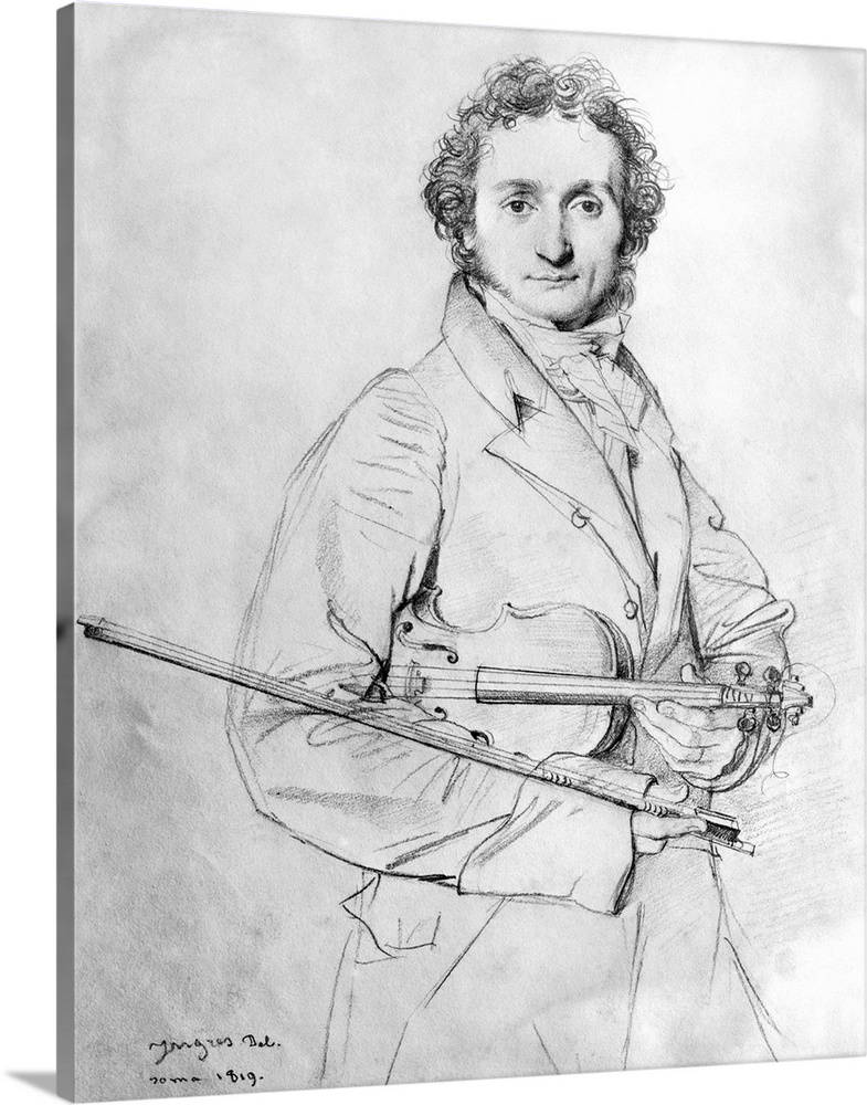 Niccolo Paganini, (1782-1840), renowned Italian violinist. 3/4-length frontal pencil sketch, 1819, by French painter Jean ...