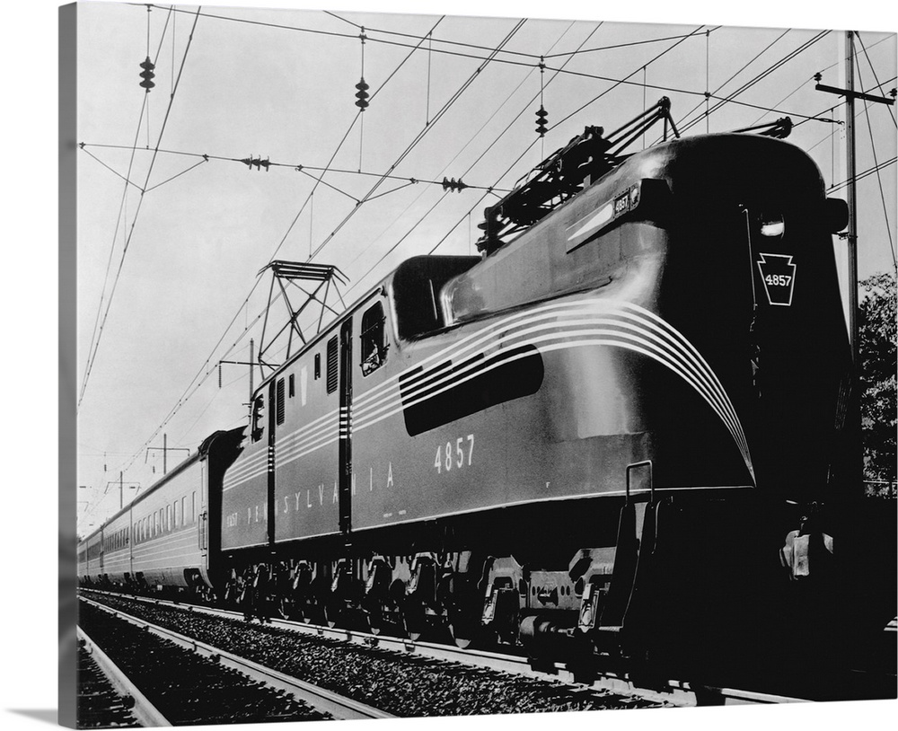The Broadway Limited, an all sleeping car GG-1 type electric train on the Pennsylvania Railroad main line between New York...