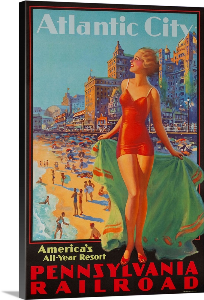 1930's Pennsylvania Railroad American Travel Poster Atlantic City America's All Year Resort, Blonde bathing beauty standin...