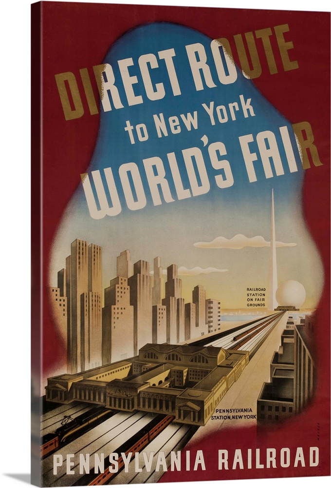 1939 Pennsylvania Railroad travel poster showing a direct line from Pennsylvania Station to the Trylon and Perisphere. Ill...