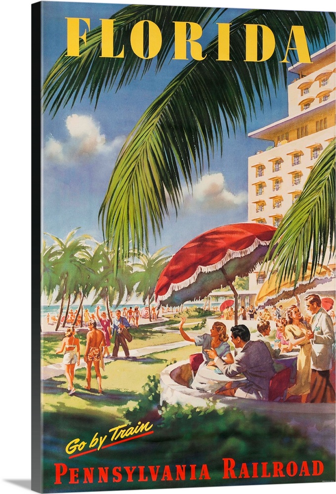 ca 1950's travel poster. Happy couples dine and relax ocean side, next to stylish hotel