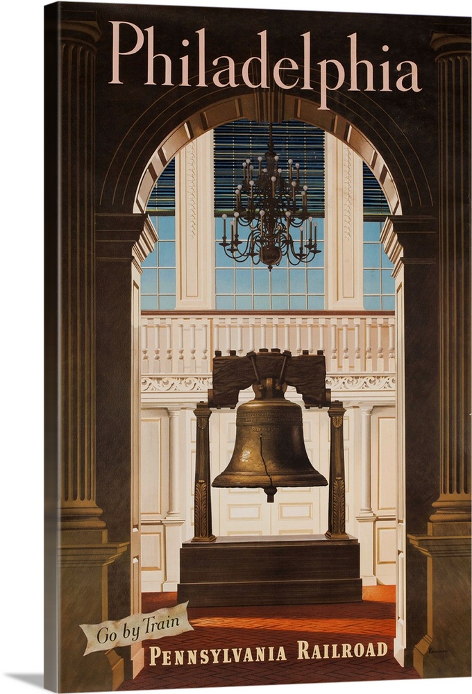 ca 1950s American Travel poster showing the Liberty Bell inside Independence Hall