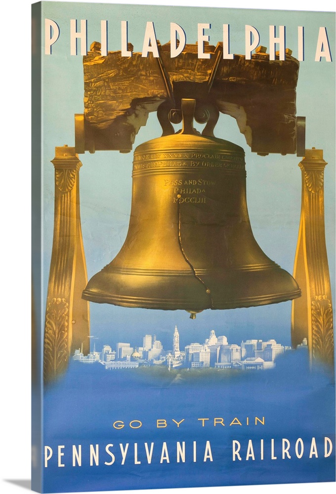 ca 1950's American Travel poster showing the Liberty Bell over a view of the Philadelphia Skyline