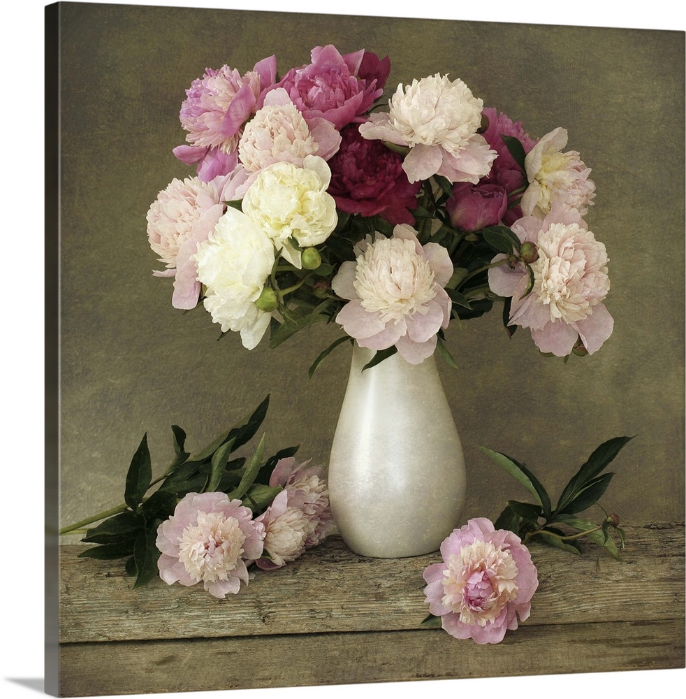 Peonies in white matte vase with added texture.