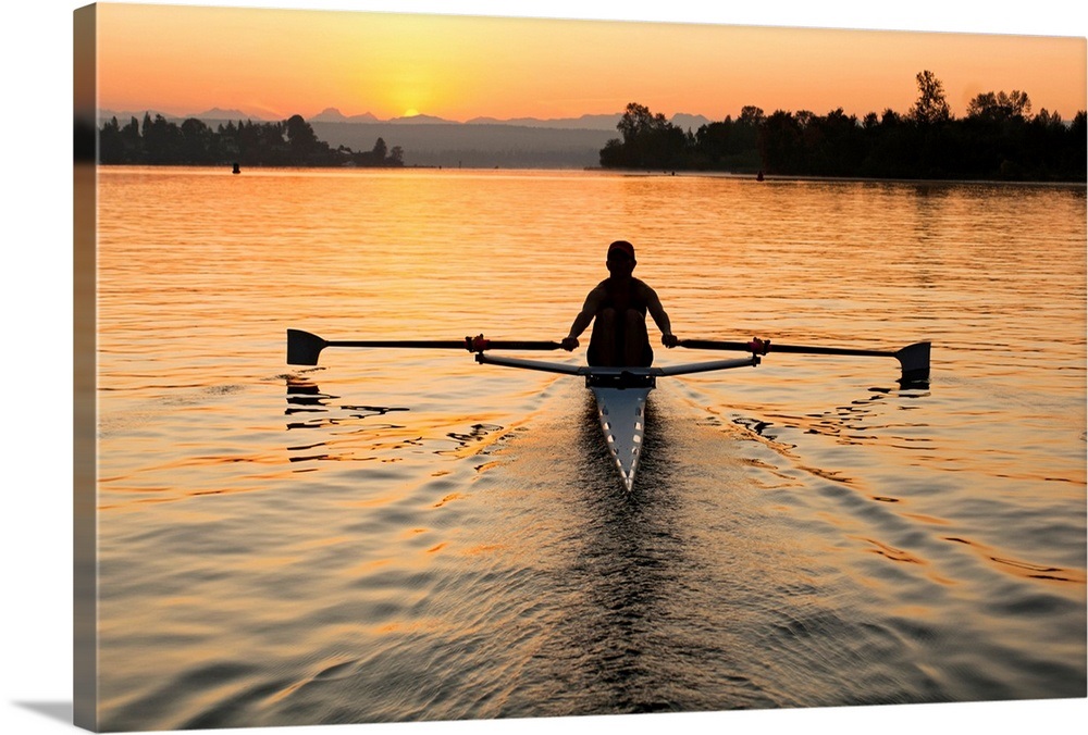 Person rowing sculling boat on river Wall Art, Canvas Prints, Framed