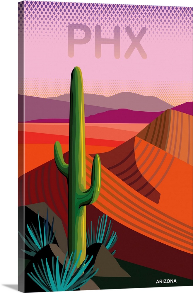 Contemporary poster, simple graphic expression of desert landscape in warm red, pink and purple with saguaro cactus in for...