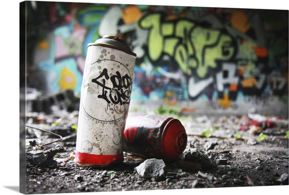 Piece of Evidence - Empty Paint Can in Front of graffiti-covered Wall | Large Canvas Art Print | Great Big Canvas