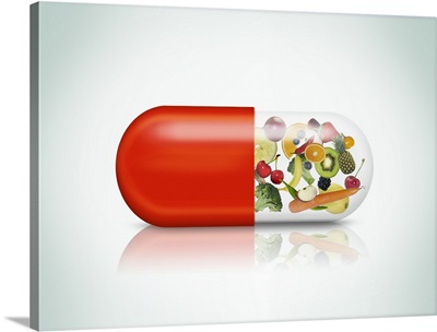 Pill capsule with a variation of fruits visible