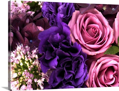 Pink roses, purple hydrangea, alliums