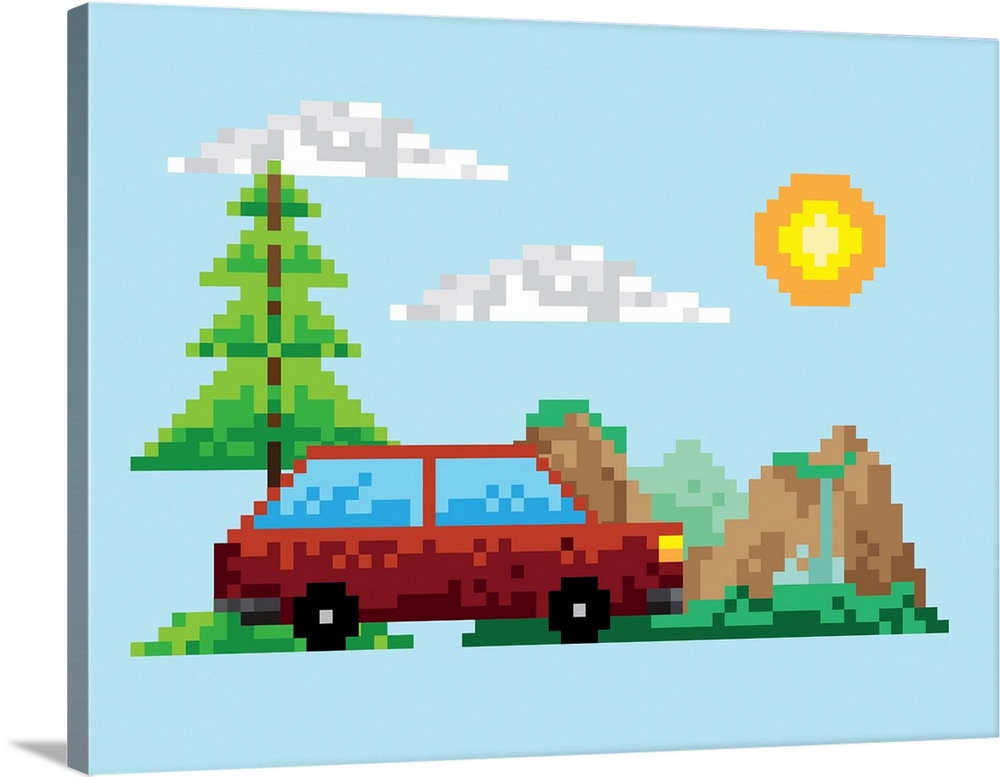 Pixelated Car In Landscape Scene