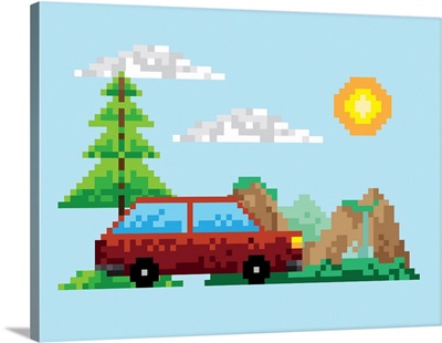 Pixelated Car In Landscape Scene