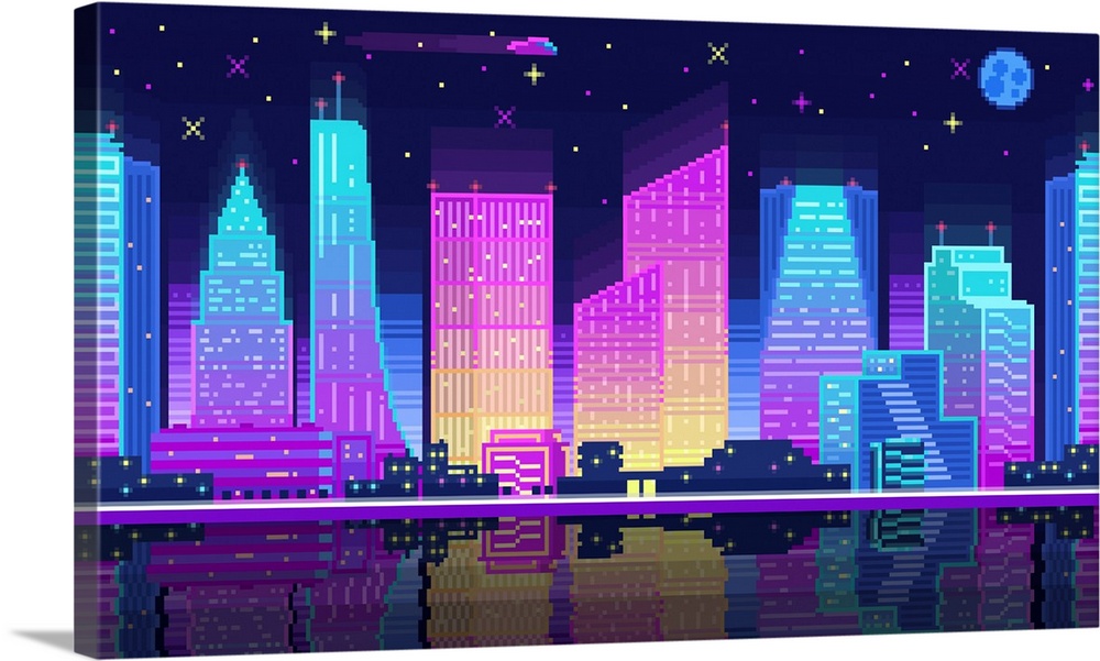 Pixelated Neon City Landscape At Night Wall Art, Canvas Prints, Framed ...