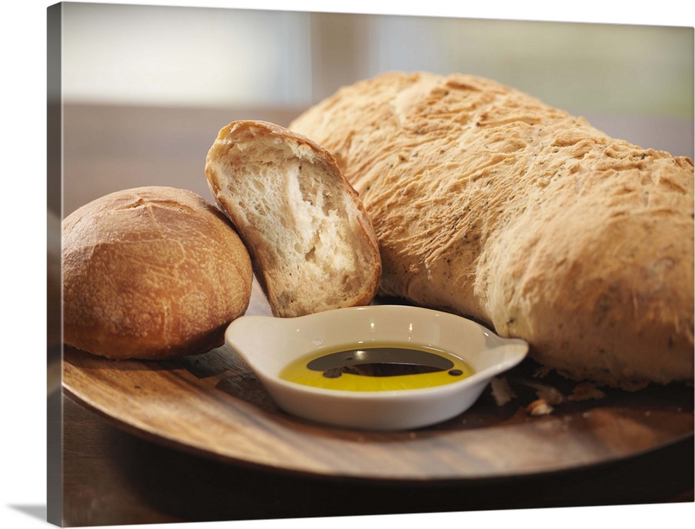 Plate of crusty bread in restaurant