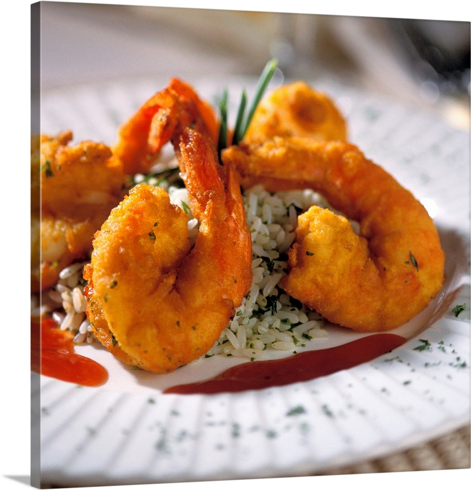 Plate with fried shrimp and rice, close-up