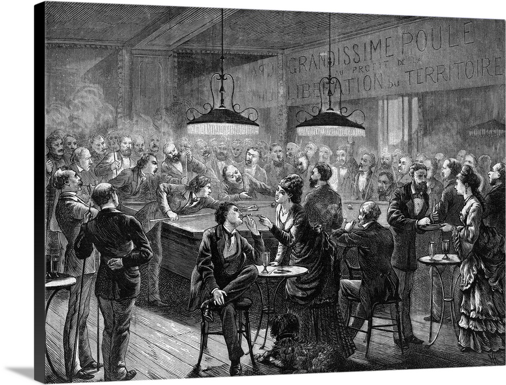 1872-Paris, France-PLAYING POOL IN A PARIS CAFE IN AID OF THE TERRITORIAL LIBERATION FUND. Woodcut from Harper's Weekly, 1...