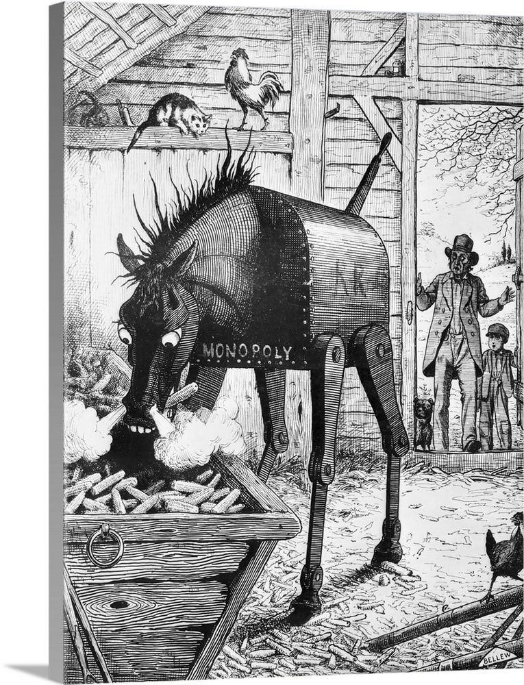The Iron Horse Which Eats Up The Farmers' Produce. Drawing by Bellew showing the Railroad Monopoly eating all the corn in ...