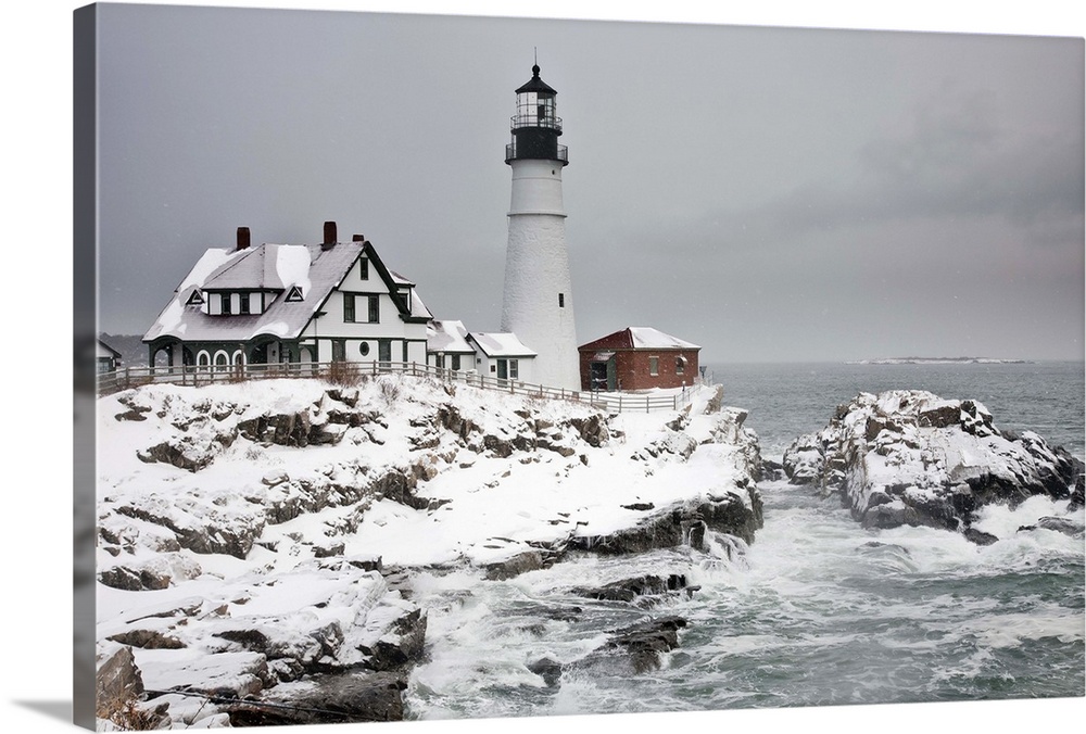 Portland Head Light in snowstorm. Cape Elizabeth, Maine.