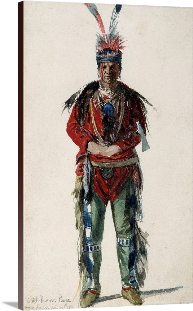 North American Indian : Full-length portrait of an Indian chief of the tribe of Pawnee Ponca. Lithograph by Jules Emile (J...
