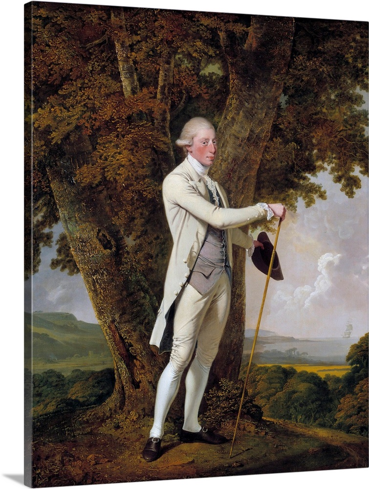 Portrait of John Milnes, 12th Duke of St. Albans. The British gentleman elegantly dressed is holding a cane with a cap and...