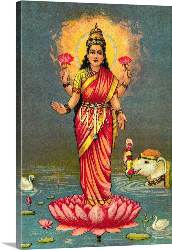 Illustration of Lakshmi (also known as Sri), Hindu goddess of good fortune and wealth.