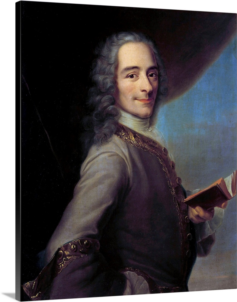 Portrait of Francois Marie Arouet called Voltaire (1694-1778) holding a copy of The Henriade. Painting after Maurice Quent...