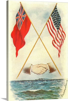 Postcard of Handshake and Flags Across the Ocean