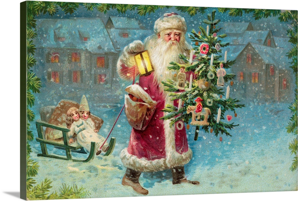 Postcard With Santa Claus Holding A Christmas Tree