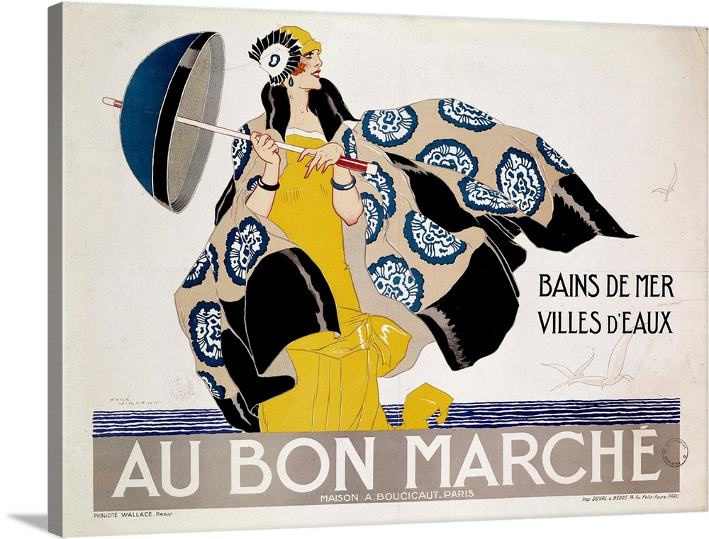 Poster advertising the Department stores Au Bon Marche for articles of the Sea swimming and Spas, Illustration by Rene Vin...