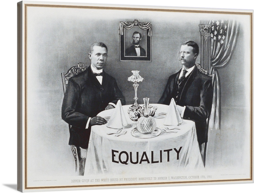 A lithograph that commemorates the significance of President Theodore Roosevelt hosting Booker T. Washington at a White Ho...