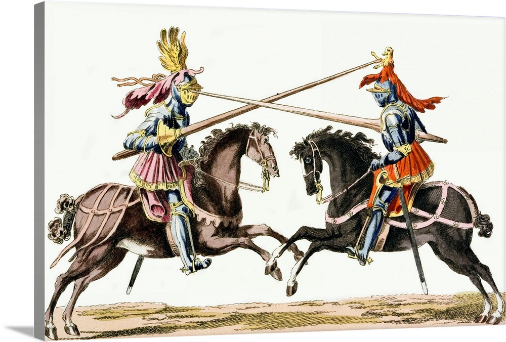 An 18th-century print of medieval knights on horseback in combat with lances.