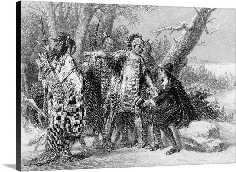 Roger Williams, English colonist and founder of the colony of Rhode Island, being assisted by the Narragansett in 1635.