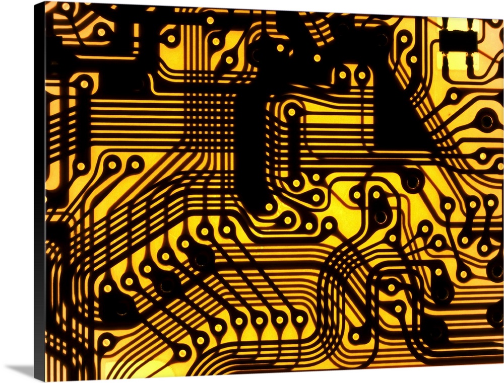 Macrophotograph of a printed circuit. A printed circuit consists of lines of a metal conductor printed on an insulating ma...