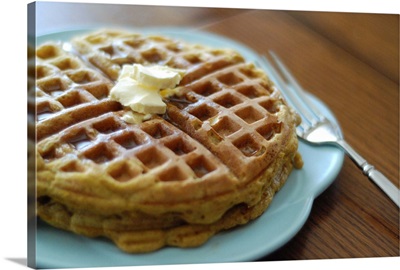 Pumpkin Waffles on Blue Plate