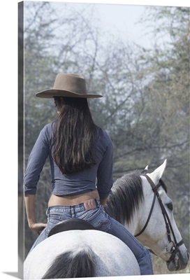 Rear View Of A Woman Riding A Horse