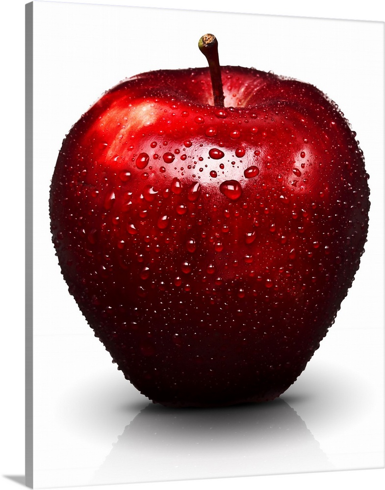 Red apple with water droplets, on white background, cut out