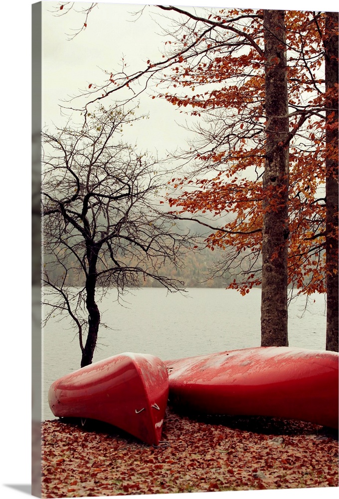 Red canoes parked on fallen autumn leaves by the lake.