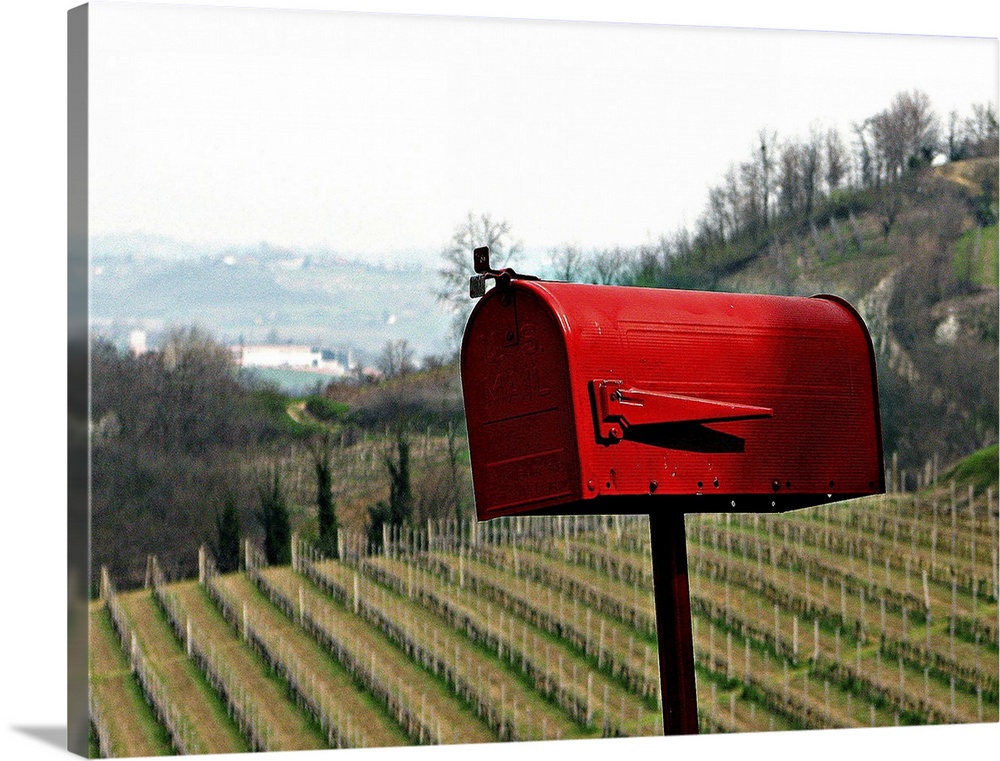 A red mail box on the background of a vineyard in Piedmont, Italy.