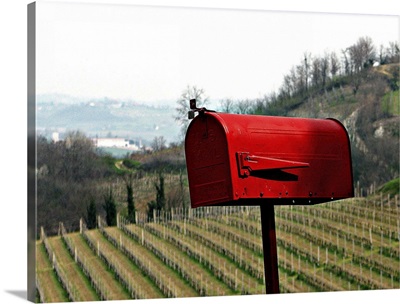 Red mailbox standing near the fields