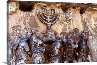 Relief on wall of Forum depicting Roman troops taking menorah from temple