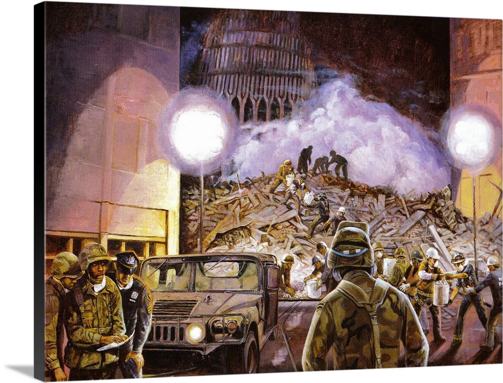 Police, firemen, and National Guard troops at Ground Zero, the World Trade Center, New York City, beginning the work of re...