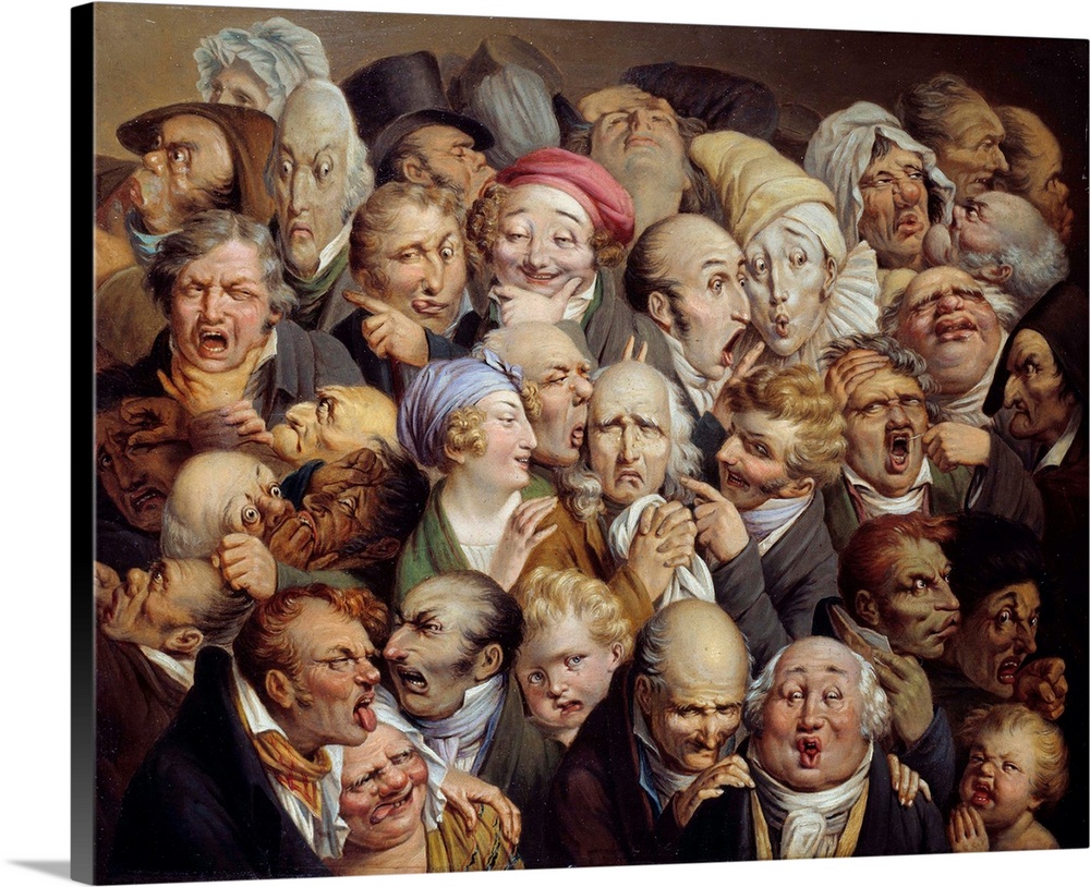 Reunion of 35 facial expressions. Caricature: studies of ridiculous facial expressions. Painting by Louis Leopold Boilly (...