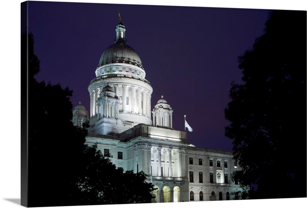 USA, Rhode Island, Providence, State Capitol building on rainy spring evening