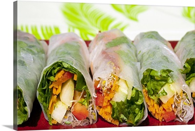 Rice paper rolls with vegetable filling, close-up