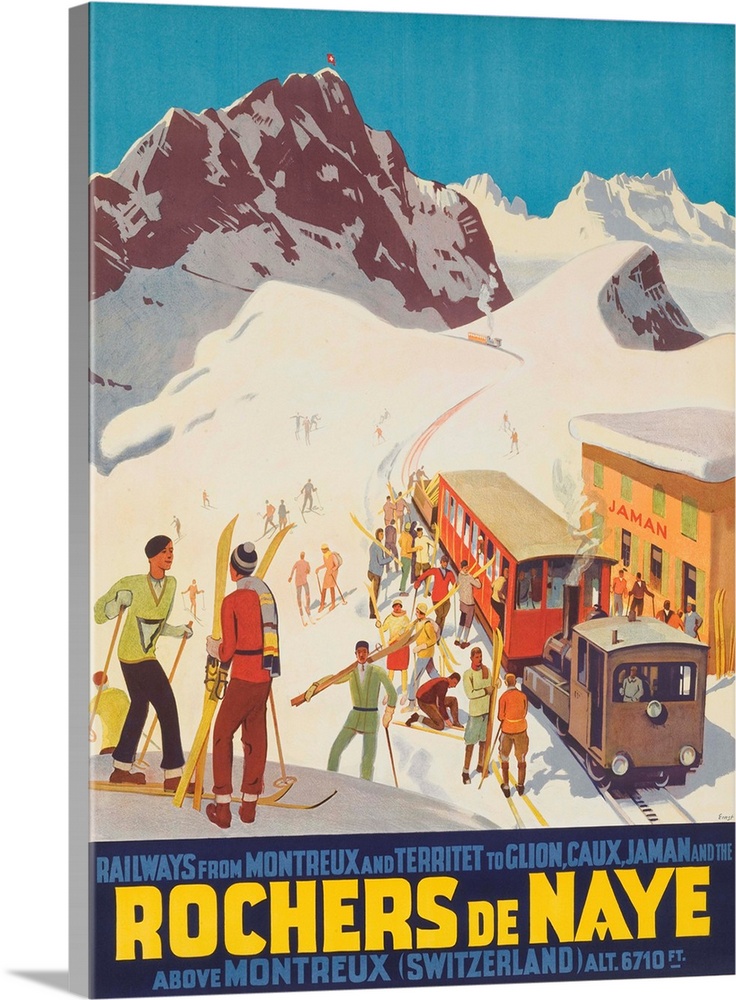 1924 poster illustrated by Otto Ernst, trainload of happy skiers disembark at Rochers de Naye, above Montreux altitude 6,7...