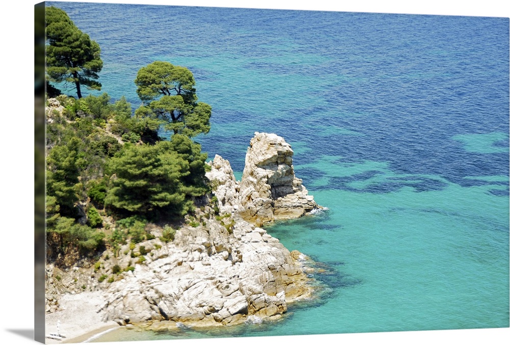 Clear blue water, rock cliffs and Mediterranean pine trees on coast of Chalkidiki peninsula , Greece.