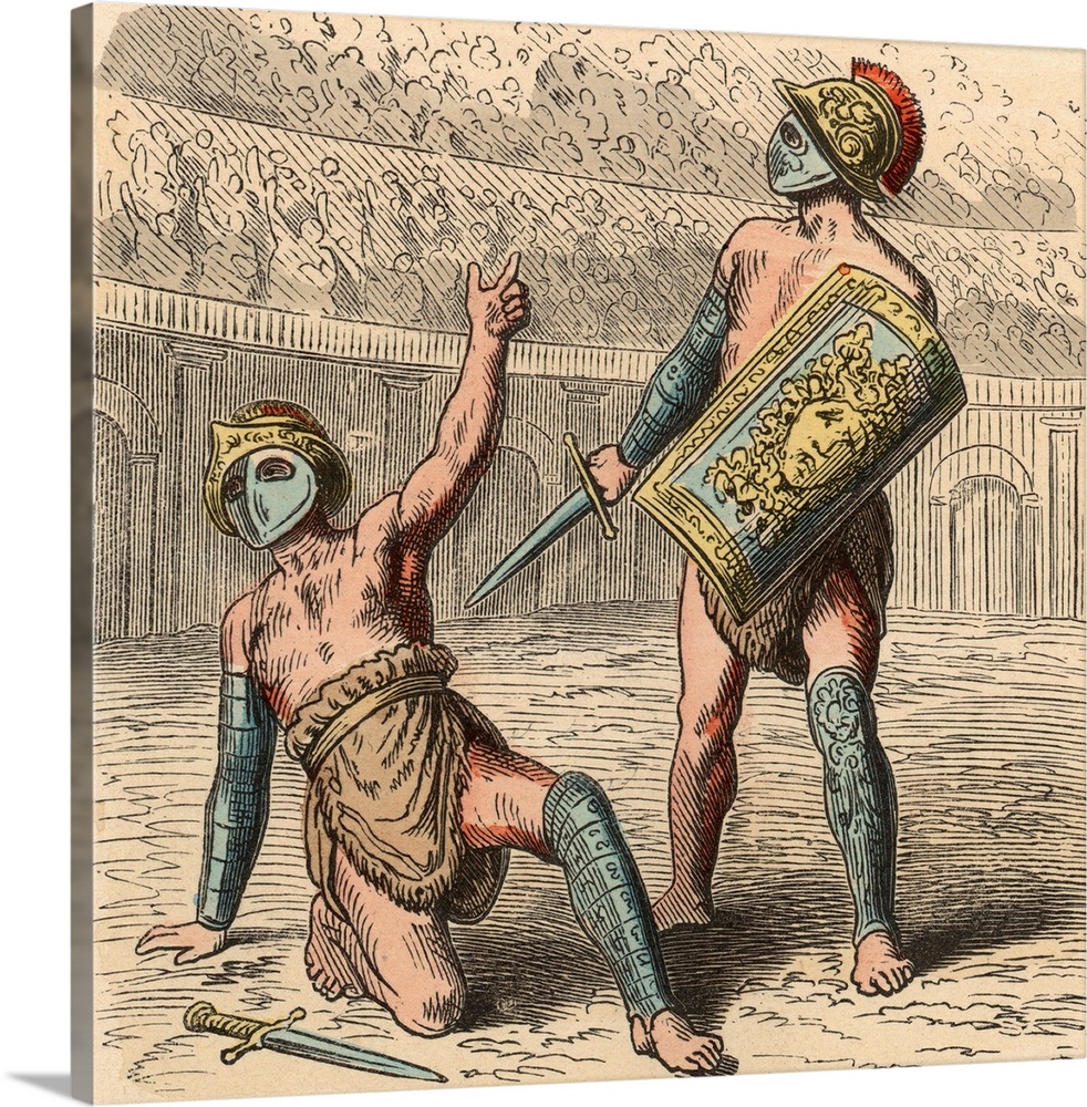 Ancient Rome: The Roman Gladiator fights - Coloured engraving by Heinrich Leutemann (1824-1905) - Bilder aus dem Altertume...
