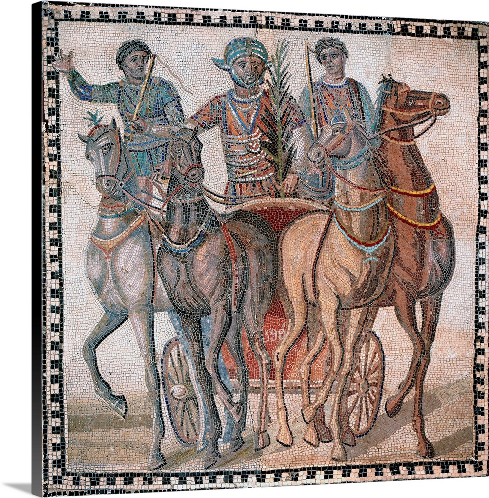 Chariot racing, drivers in starting position - Mosaic, 3rd cent. AD - Museo Arqueologico Nacional, Madrid