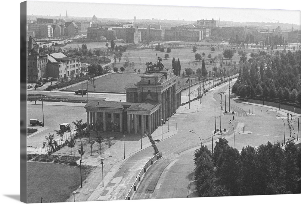 8/29/1961-Berlin, Germany- The Brandenburg Gate as seen from top of the Reichstag Building. In center foreground, the wall...