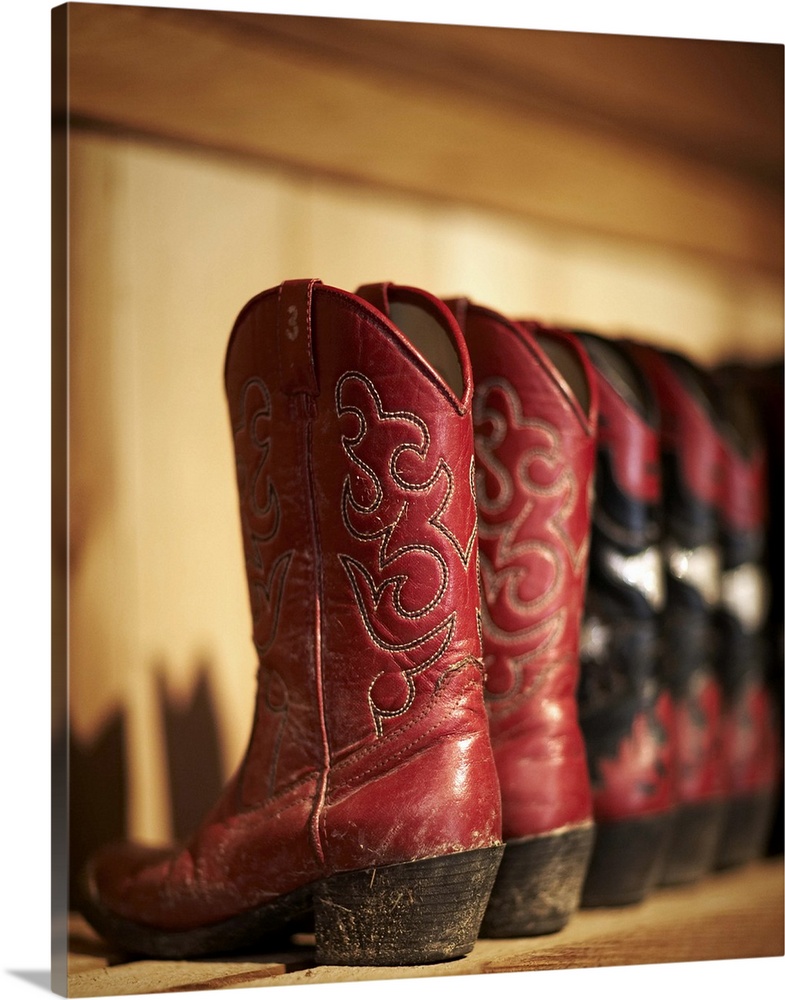 Row of cowboy boots sitting on a shelf